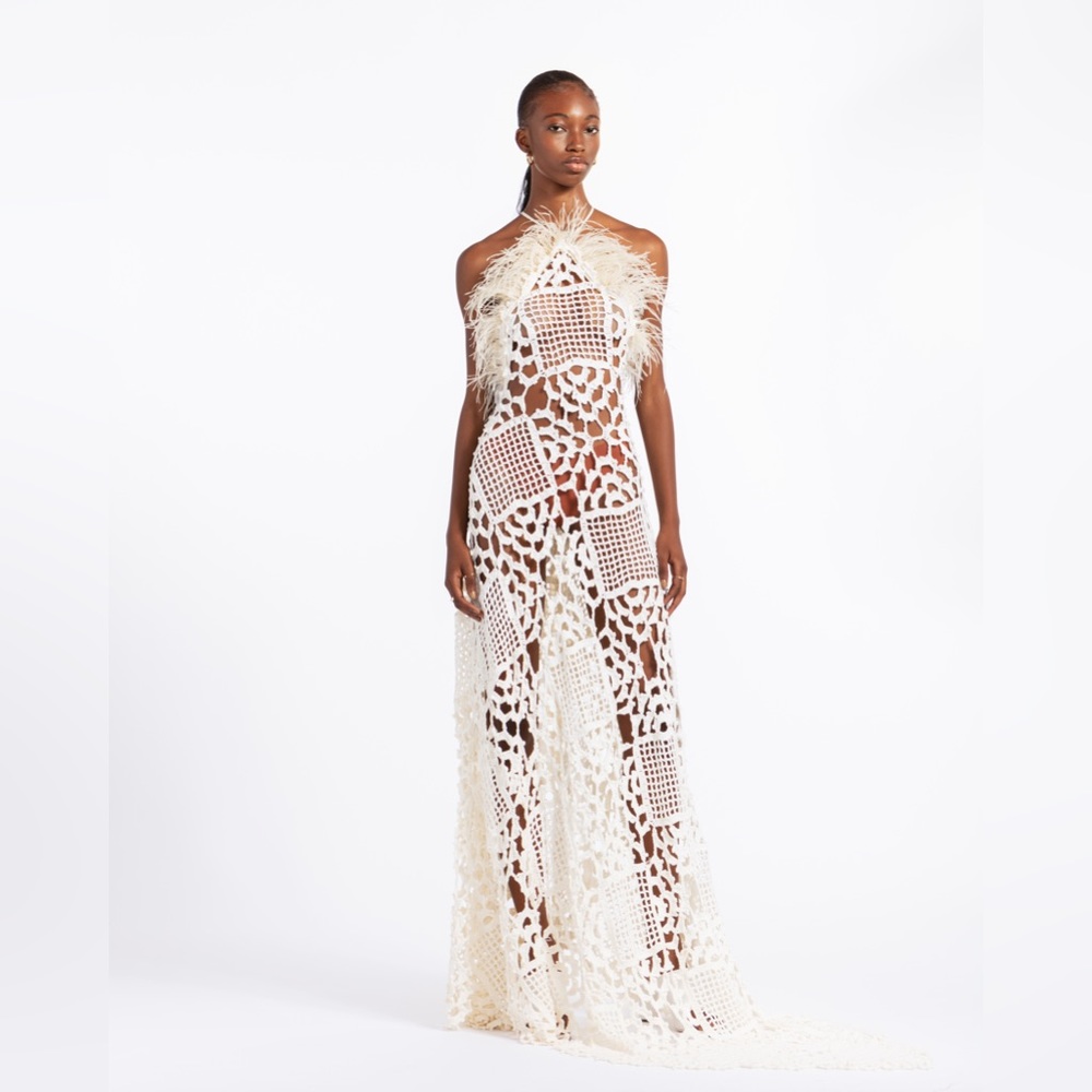 Crochet Gown with ostrich feathers